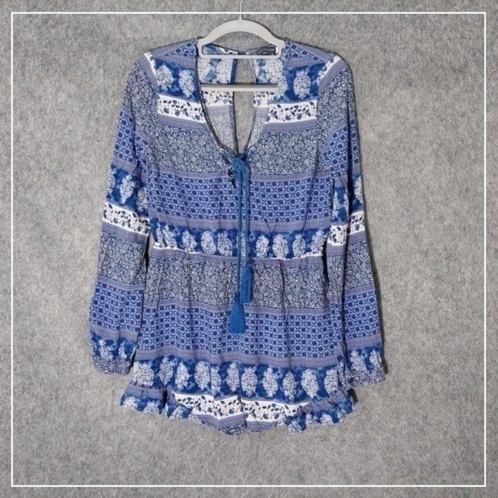 Earthbound Romper Women S Blue Mix Print Puff Sleeve Ruffle Boho Festival Fairy